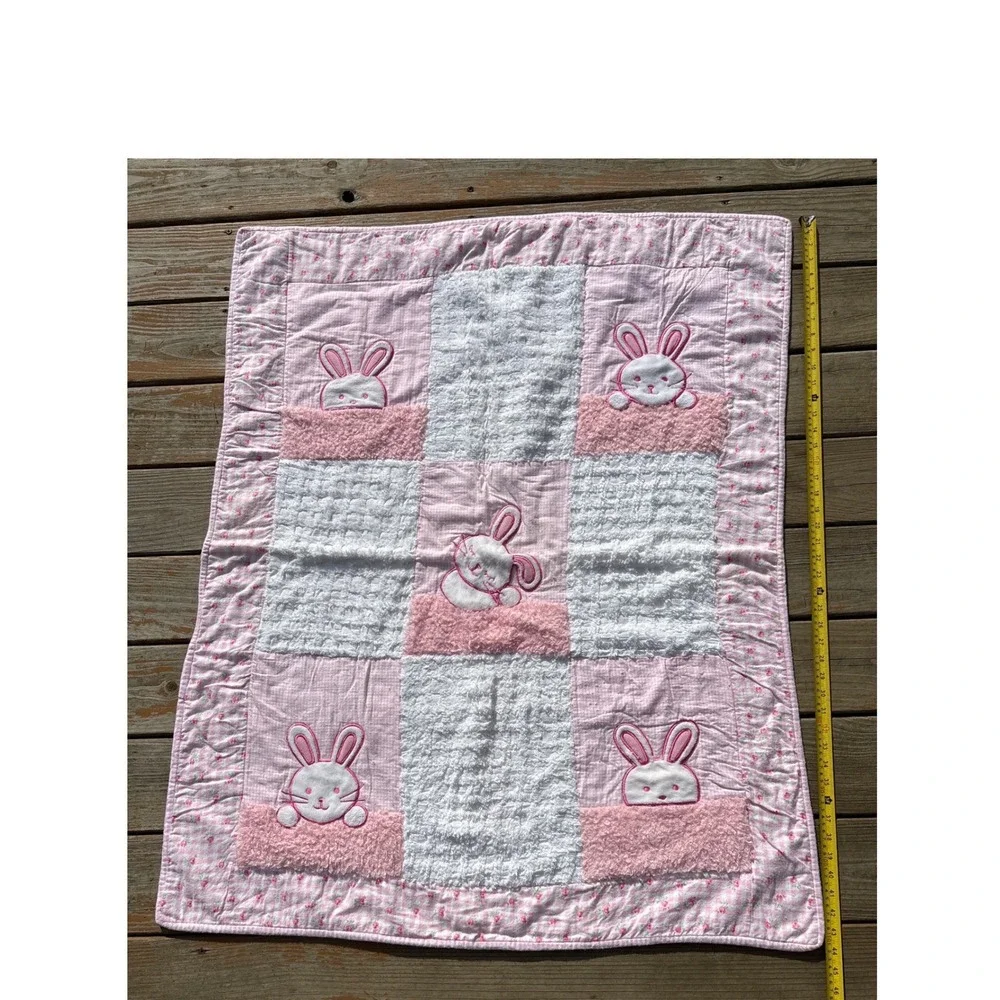 Handmade Pink Gingham Bunny Patchwork Baby Quilt Floral Embroidered Blanket